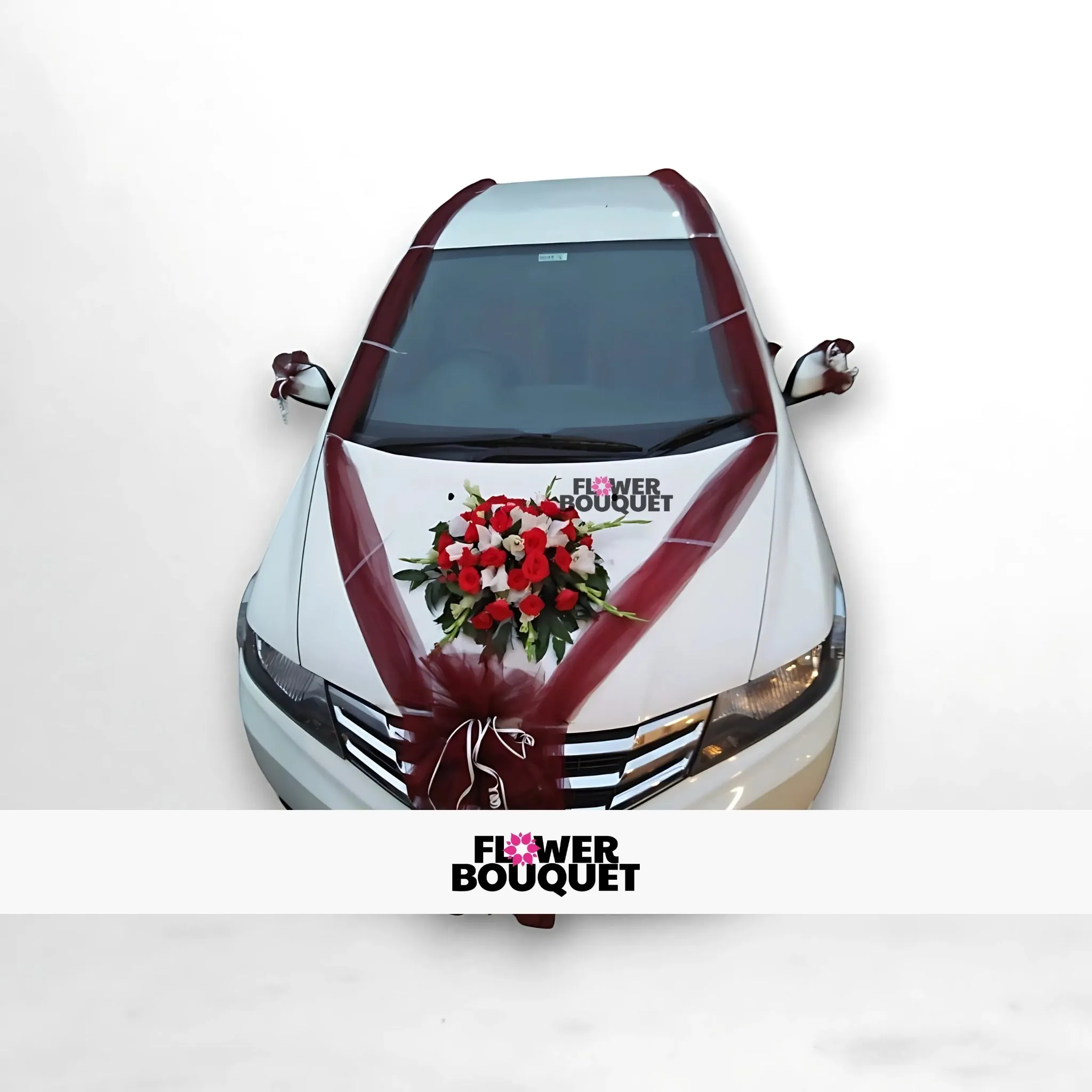 Luxurious Maroon Ribbon and Floral Car Decoration