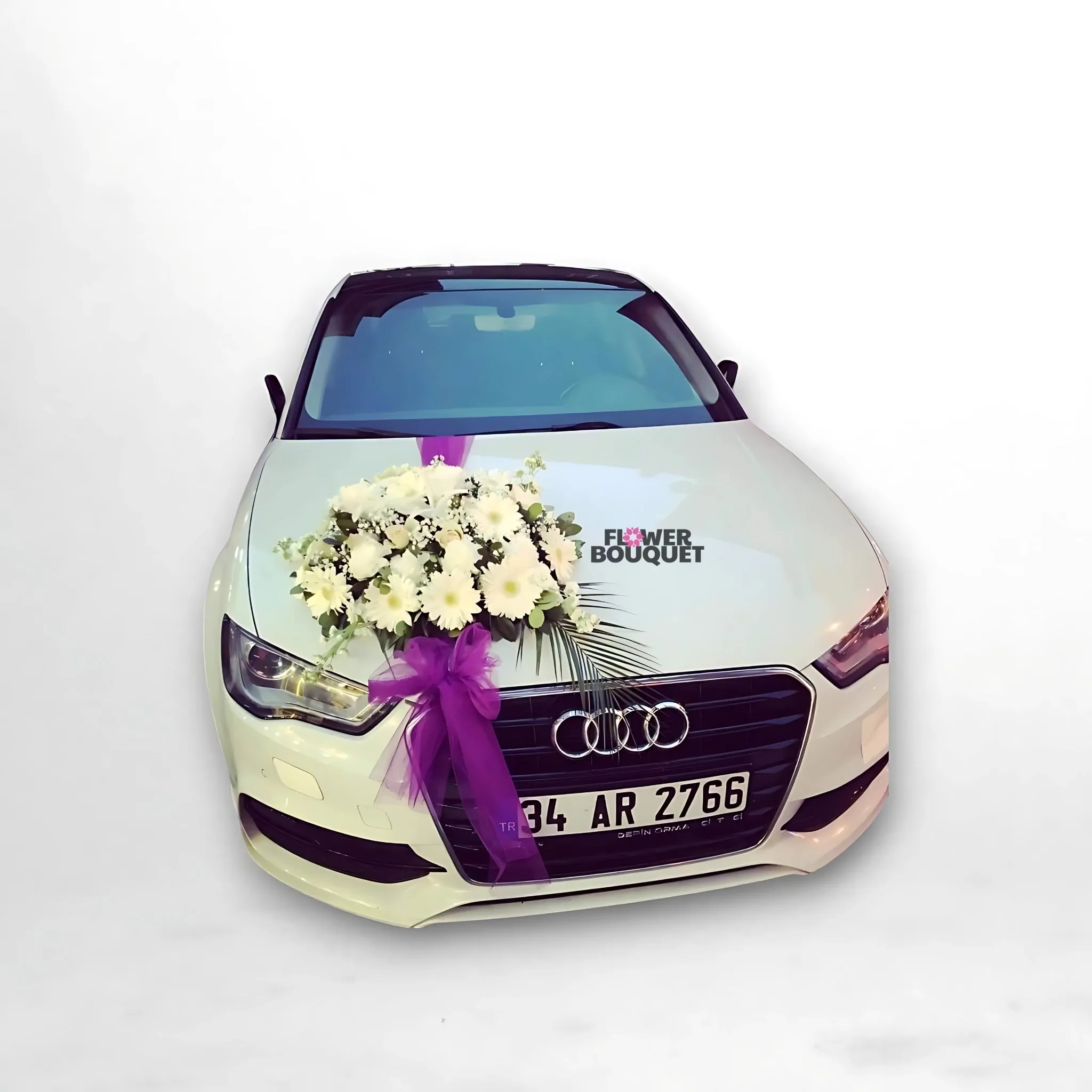 Luxurious White Flower and Purple Ribbon Audi Car Decoration